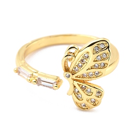 Brass Micro Pave Cubic Zirconia Cuff Ring, Long-Lasting Plated, Butterfly