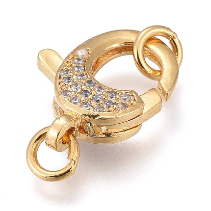 Brass Micro Pave Clear Cubic Zirconia Lobster Claw Clasps, with Jump Rings, Long-Lasting Plated