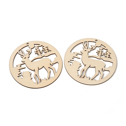 Christmas Theme Undyed Natural Wood Big Pendants, Flat Round with Christmas Reindeer/Stag