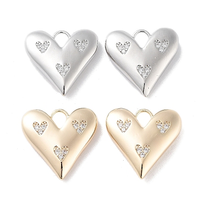 Brass Micro Pave Clear Cubic Zirconia Pendants, Cadmium Free & Nickel Free & Lead Free, Heart Charms