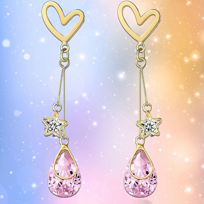 Alloy Rhinestone Heart & Star & Teardrop Stud Dangle Earrings for Women, Golden