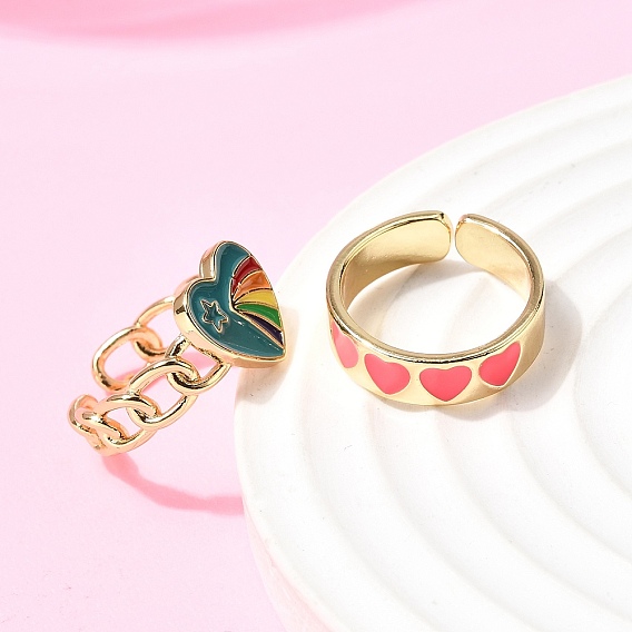 Латунные манжеты с открытыми кольцами, сердце, с эмалью, без кадмия и без свинца, долговечный, стойки покрытие, реальный 18 k позолоченный