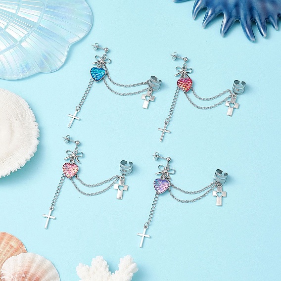 Серьги-гвоздики в форме рыбьей чешуи из сплава, латуни и смолы с бантом, с 304 серьгами из нержавеющей стали