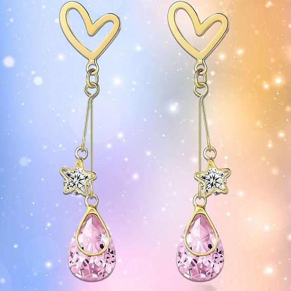 Alloy Rhinestone Heart & Star & Teardrop Stud Dangle Earrings for Women, Golden
