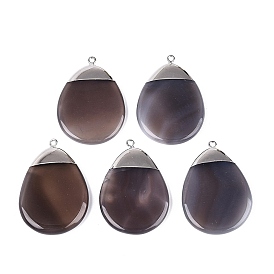 Pendentifs en agate grise naturelle, charmes de larme, avec les accessoires en laiton de tonalité de platine