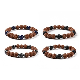 4Pcs Natural Rudraksha and Gemstone Beads Stretch Bracelets Set for Women Men