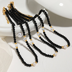 Элегантные круглые бусины из натурального черного оникса (окрашенного и нагретого), стекла и пресноводного жемчуга, ювелирные изделия из сплава для женщин