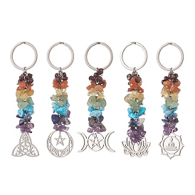 Chakra Gemstone Beaded Keychain, with 201 Stainless Steel Charms, Mixed Shape