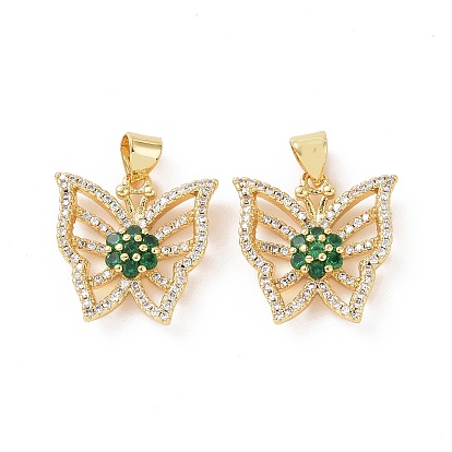 Brass Micro Pave Cubic Zirconia Pendants, Real 18K Gold Plated, Hollow Butterfly with Flower Charm