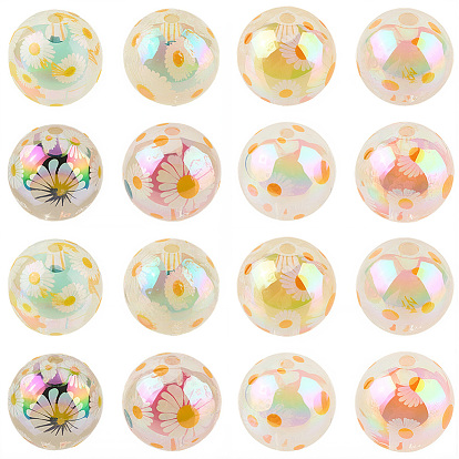 32 шт. 8 цветные УФ-покрытие, напечатанные прозрачные акриловые бусины, бусина в бусине, переливчатость, круглый с рисунком ромашки