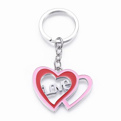 Zinc Alloy Keychain, with Enamel, Iron Key Rings and Iron Chains, Heart with Love, For Valentine's Day, Platinum