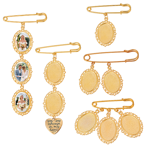 5Pcs Iron Brooches, Oval, with Alloy Pendants
