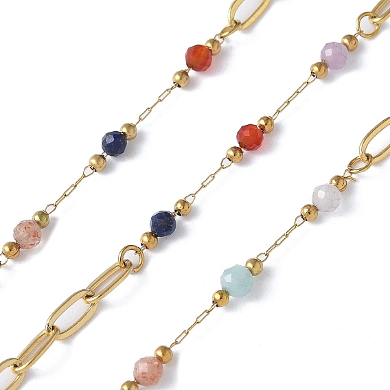 304 цепи из нержавеющей стали ссылка, с природными драгоценный камень бисером, пайки, с катушкой, ионное покрытие (ip), реальный 18 k позолоченный