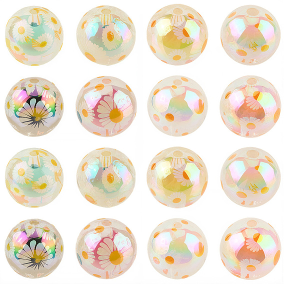 32 шт. 8 цветные УФ-покрытие, напечатанные прозрачные акриловые бусины, бусина в бусине, переливчатость, круглый с рисунком ромашки