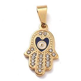 304 Stainless Steel Enamel Pendants, with Rhinestone and 201 Stainless Steel Bails, Hamsa Hand with Heart