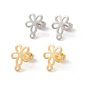 201 Stainless Steel Stud Earring Findings, with 304 Stainless Steel Pins, Horizontal Loops and Ear Nuts, Flower