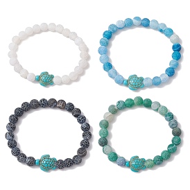 Dyed Natural Weathered Agate Round Beaded Stretch Bracelets, Synthetic Turquoise Turtle Bracelet