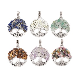 Natural Mixed Gemstone Chip Pendants, Alloy Tree of Life Charms