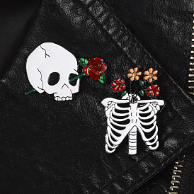 White Skull Red Rose Punk Brooch Creative Flower Skeleton Jewelry
