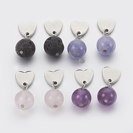 Perlas de piedras preciosas naturales pendientes del oído, con 304 fornituras de acero inoxidable, corazón y redondo