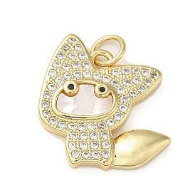 Brass Micro Pave Cubic Zirconia Pendants, with Shell, Cat