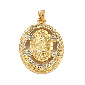 Brass Micro Pave Clear Cubic Zirconia Pendants, Oval with Virgin Mary