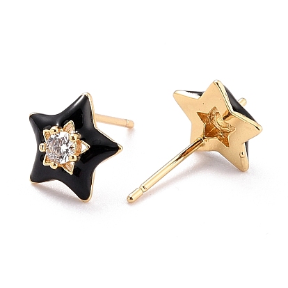 Star Sparkling Cubic Zirconia Stud Earrings for Girl Women Gift, Real 18K Gold Plated Brass Enemel Earrings