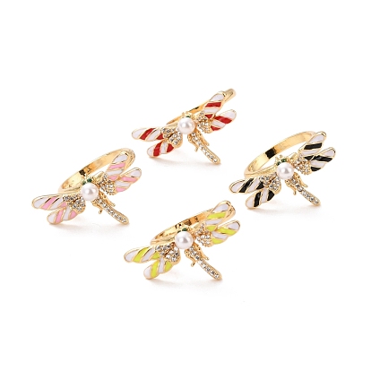 Dragonfly Cubic Zirconia Cuff Ring for Women, Real 18K Gold Plated Brass Enamel Open Ring with Imitation Pearl, Cadmium Free & Lead Free