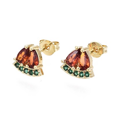 Brass Micro Pave Cubic Zirconia Stud Earrings, with Ear Nuts, Teardrop, Cadmium Free & Nickel Free & Lead Free, Chocolate