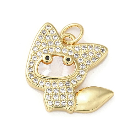 Brass Micro Pave Cubic Zirconia Pendants, Cadmium Free & Lead Free, with Shell, Cat
