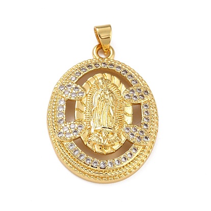 Brass Micro Pave Clear Cubic Zirconia Pendants, Oval with Virgin Mary