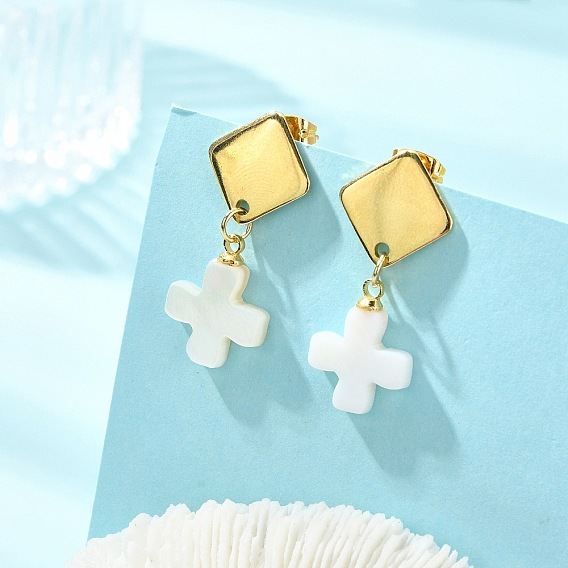 304 Stainless Steel Stud Dangle Earrings, with Freshwater Shell Cross Pendants