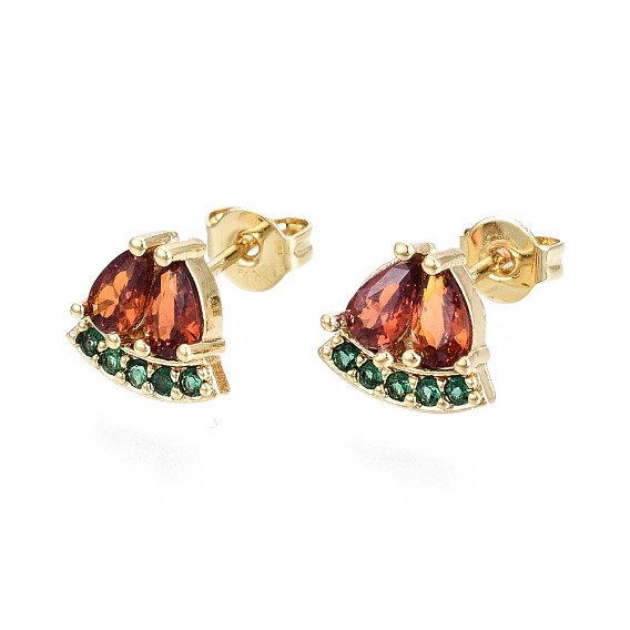 Brass Micro Pave Cubic Zirconia Stud Earrings, with Ear Nuts, Teardrop, Cadmium Free & Nickel Free & Lead Free, Chocolate