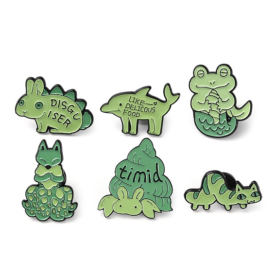 Green Series Composite Animal Enamel Pins, Electrophoresis Black Alloy Brooches, Rabbit/Dolphin/Frog