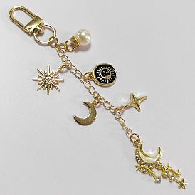 Colgante de cadena de latón con forma de luna y estrella, con colgante de perla de imitación de aleación y ABS y cierre giratorio de aleación