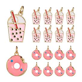 8Pcs 2 Style Brass Enamel Pendants, Long-Lasting Plated, Real 18K Gold Plated, with Jump Ring, Bubble Tea & Donut