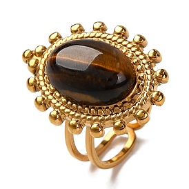 Oval Natural Tiger Eye Finger Rings, Golden Tone 304 Stainless Steel Cuff Rings for Women Men