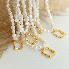Square Hollow Embossed Pearl Necklace for Women, Minimalist Design Clavicle Chain