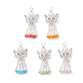 Подвески гальванизируйте стекла, ангел, с медной проволокой и бусинами из АБС-пластика, имитирующими жемчуг, и крылом из сплава