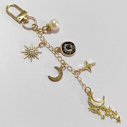 Colgante de cadena de latón con forma de luna y estrella, con colgante de perla de imitación de aleación y ABS y cierre giratorio de aleación