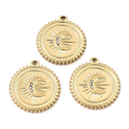 Ion Plating(IP) 316 Stainless Steel with Rhinestone Pendants, Flat Round with Moon Charm