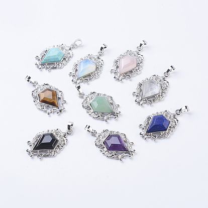 Gemstone Pendants, with Brass Findings, Flower with Diamond Shape, Platinum