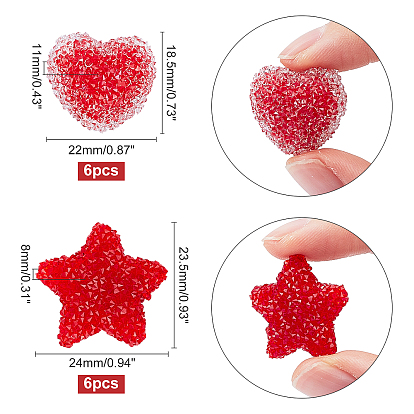 SUPERFINDINGS 12Pcs 2 Style Resin Beads for Valentine's Day, with Crystal Rhinestone, Imitation Candy Food Style, Heart & Star