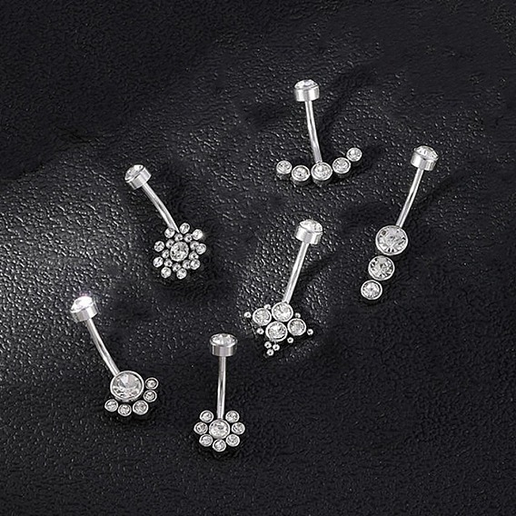 304 Кольца для пупка в форме изогнутой штанги из нержавеющей стали с прозрачным кубическим цирконием, цвет нержавеющей стали
