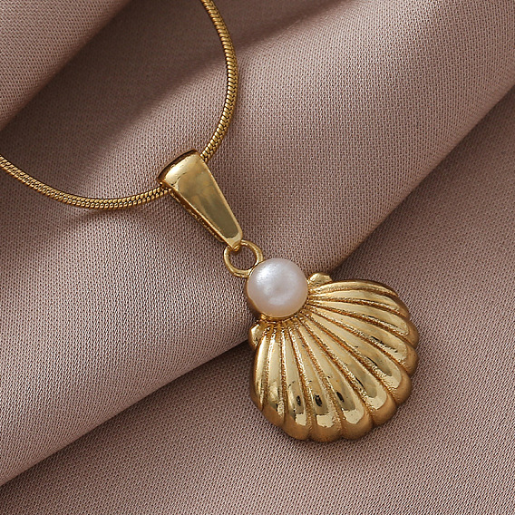 316 Женские ожерелья из хирургической нержавеющей стали с подвесками в форме ракушек и имитацией жемчуга, белые