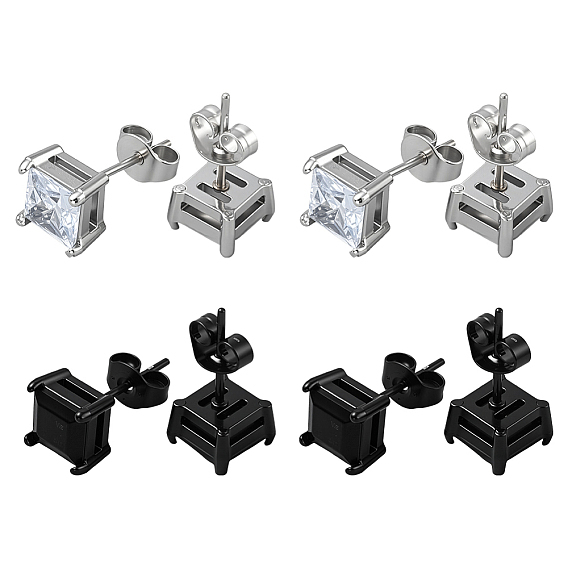 4 пары 2 цвета квадратные серьги-гвоздики из нержавеющей стали, с кубического циркония