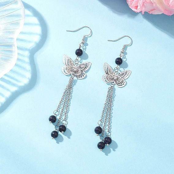 Латунные серьги с подвесками-бабочками, с бусинами из синтетического синего авантюрина и 304 фурнитурой для сережек из нержавеющей стали