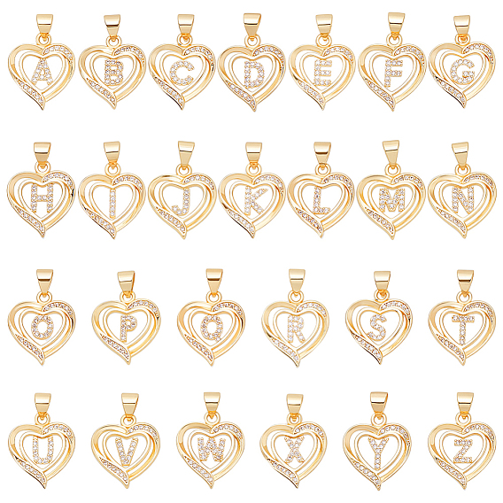 26шт 26 подвески из кубического циркония с покрытием из латуни с микропаве, долговечный, без свинца и без кадмия, реальный 18 k позолоченный, сердце с подвесками в виде букв