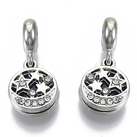Alloy European Dangle Charms, with Crystal Rhinestone and  Enamel, Large Hole Pendants, FLat Round with Star, Platinum
