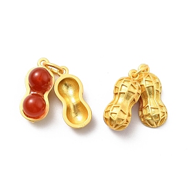 Natural Carnelian Brass Pendants, Cadmium Free & Lead Free, with Jump Rings, Peanut Charms